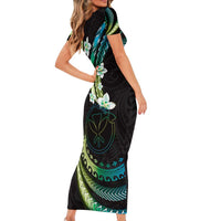 Hawaii Map Kanaka Maoli Short Sleeve Bodycon Dress Fantastic Frangipani Chartreuse Cyan LT01 - Polynesian Pride