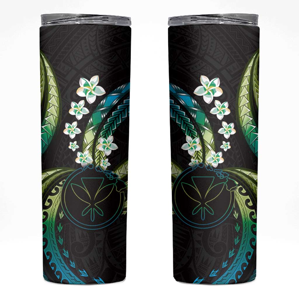 Hawaii Map Kanaka Maoli Skinny Tumbler Fantastic Frangipani Chartreuse Cyan LT01 Cyan - Polynesian Pride