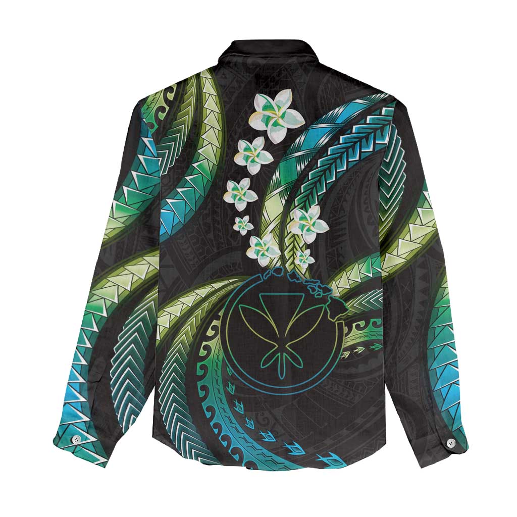 Hawaii Map Kanaka Maoli Women Casual Shirt Fantastic Frangipani Chartreuse Cyan LT01 - Polynesian Pride
