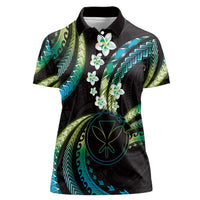 Hawaii Map Kanaka Maoli Women Polo Shirt Fantastic Frangipani Chartreuse Cyan LT01 Female Cyan - Polynesian Pride