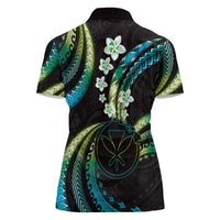 Hawaii Map Kanaka Maoli Women Polo Shirt Fantastic Frangipani Chartreuse Cyan LT01 - Polynesian Pride