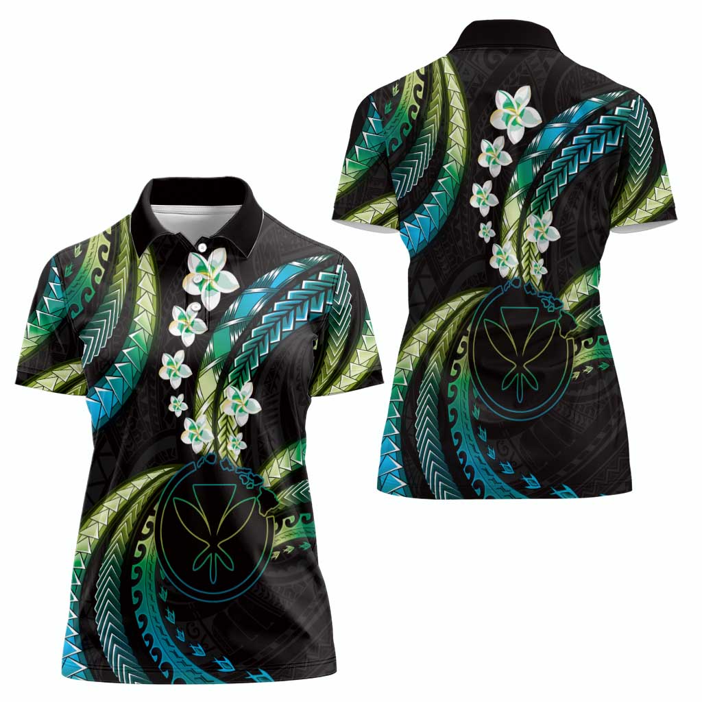 Hawaii Map Kanaka Maoli Women Polo Shirt Fantastic Frangipani Chartreuse Cyan LT01 - Polynesian Pride
