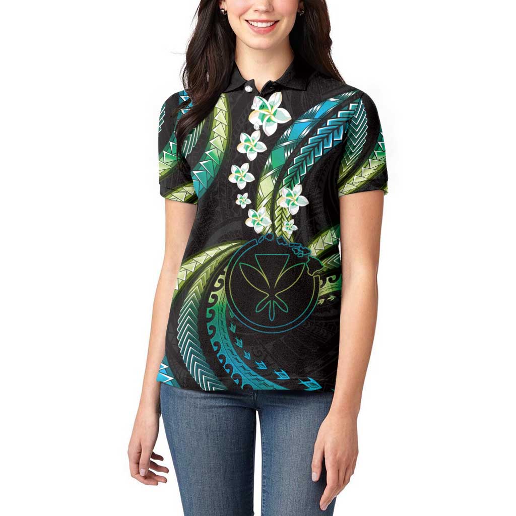 Hawaii Map Kanaka Maoli Women Polo Shirt Fantastic Frangipani Chartreuse Cyan LT01 - Polynesian Pride