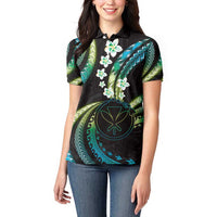 Hawaii Map Kanaka Maoli Women Polo Shirt Fantastic Frangipani Chartreuse Cyan LT01 - Polynesian Pride