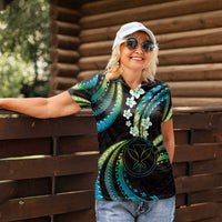Hawaii Map Kanaka Maoli Women Polo Shirt Fantastic Frangipani Chartreuse Cyan LT01 - Polynesian Pride