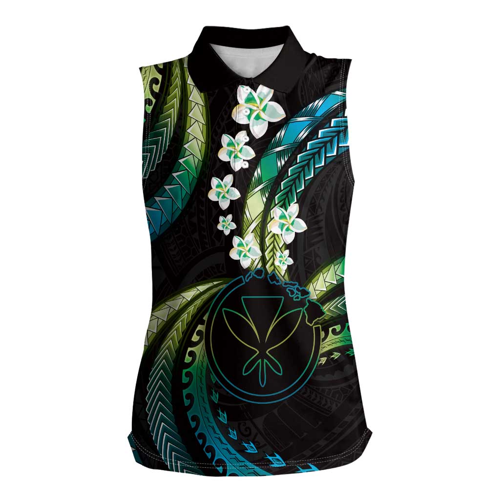 Hawaii Map Kanaka Maoli Women Sleeveless Polo Shirt Fantastic Frangipani Chartreuse Cyan LT01 Female Cyan - Polynesian Pride