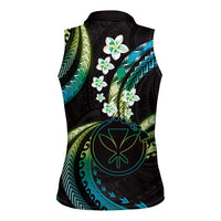Hawaii Map Kanaka Maoli Women Sleeveless Polo Shirt Fantastic Frangipani Chartreuse Cyan LT01 - Polynesian Pride