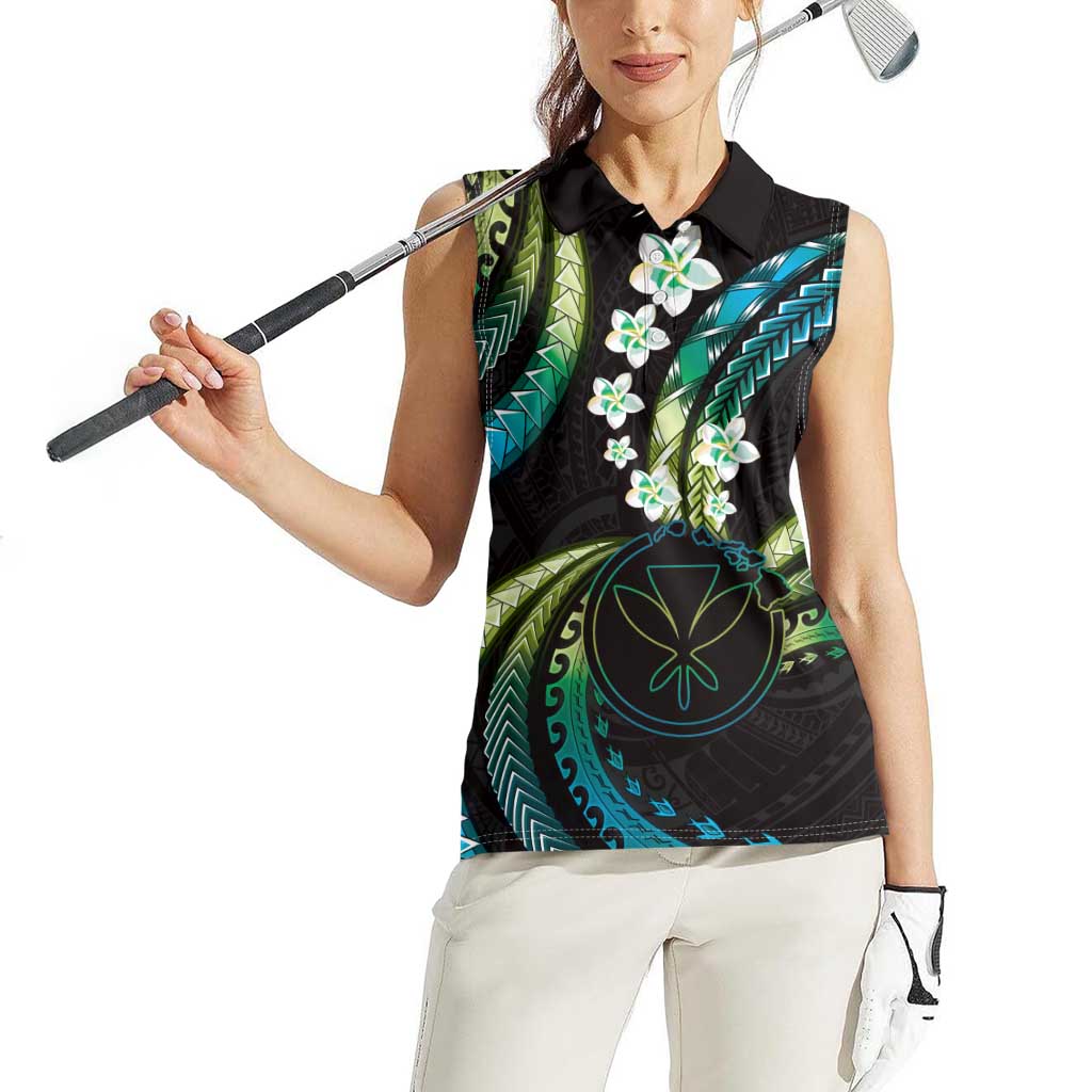 Hawaii Map Kanaka Maoli Women Sleeveless Polo Shirt Fantastic Frangipani Chartreuse Cyan LT01 - Polynesian Pride