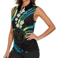 Hawaii Map Kanaka Maoli Women Sleeveless Polo Shirt Fantastic Frangipani Chartreuse Cyan LT01 - Polynesian Pride