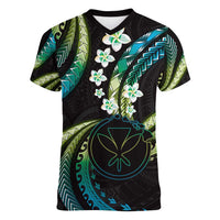 Hawaii Map Kanaka Maoli Women V-Neck T-Shirt Fantastic Frangipani Chartreuse Cyan LT01 Female Cyan - Polynesian Pride