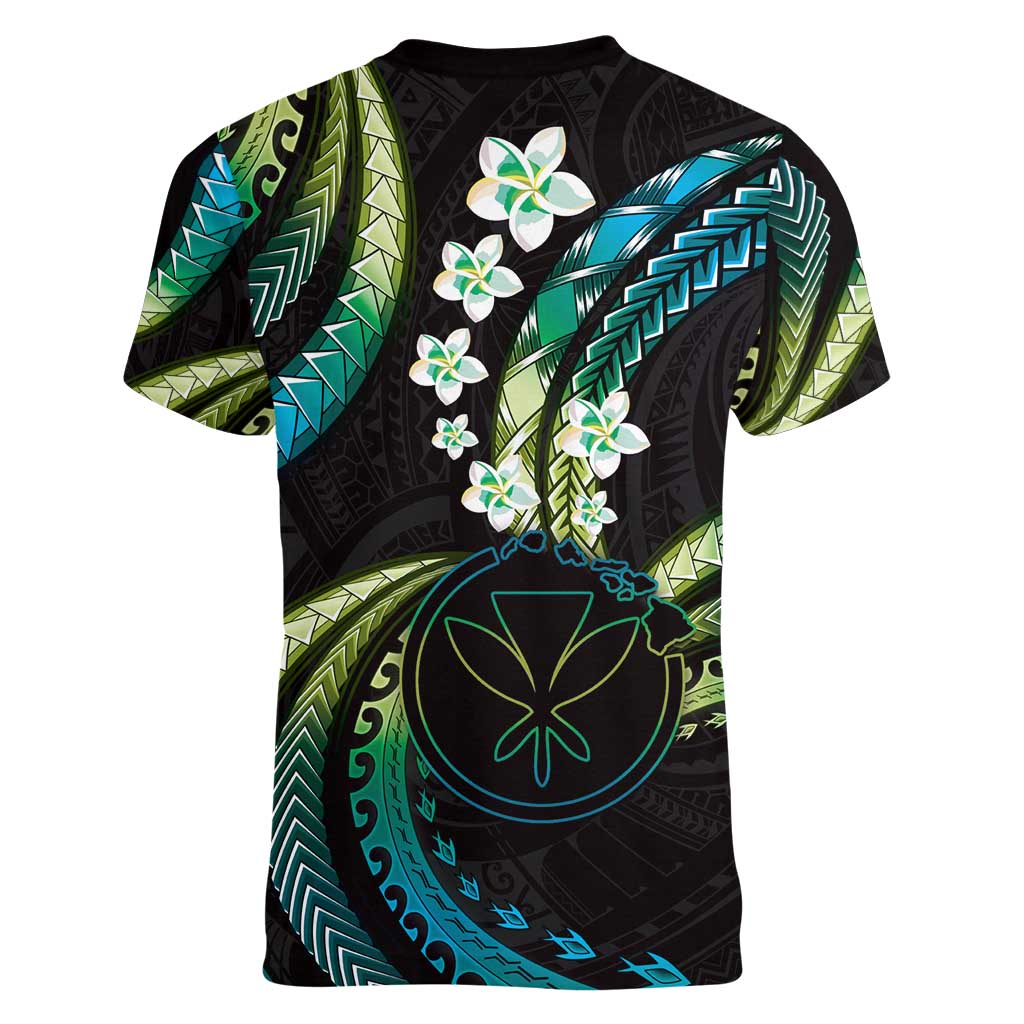 Hawaii Map Kanaka Maoli Women V-Neck T-Shirt Fantastic Frangipani Chartreuse Cyan LT01 - Polynesian Pride