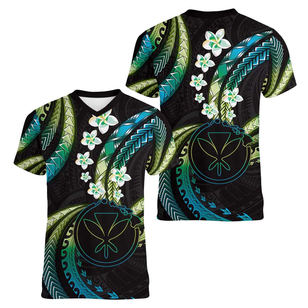 Hawaii Map Kanaka Maoli Women V-Neck T-Shirt Fantastic Frangipani Chartreuse Cyan LT01 - Polynesian Pride