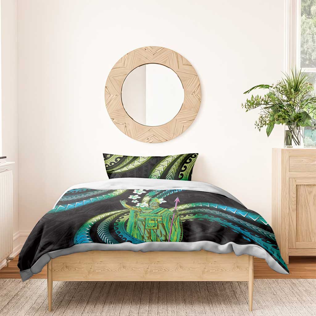 Hawaii King Kamehameha Bedding Set Fantastic Plumeria Chartreuse Cyan