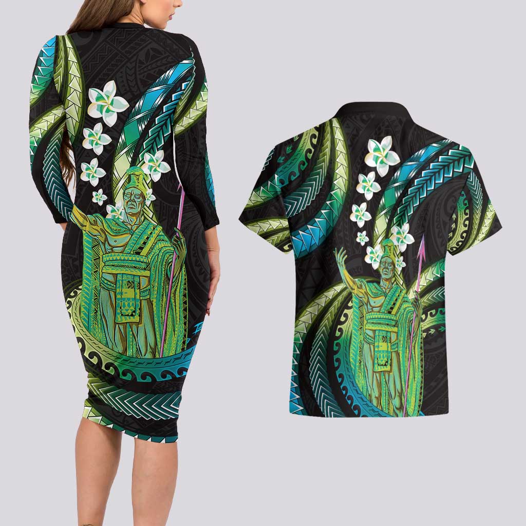 Hawaii King Kamehameha Couples Matching Long Sleeve Bodycon Dress and Hawaiian Shirt Fantastic Plumeria Chartreuse Cyan