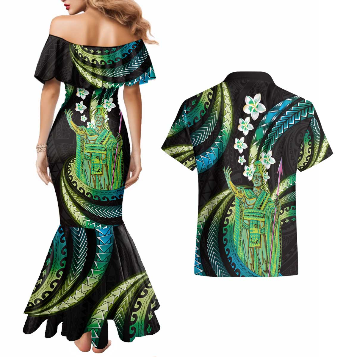 Hawaii King Kamehameha Couples Matching Mermaid Dress and Hawaiian Shirt Fantastic Plumeria Chartreuse Cyan LT01 - Polynesian Pride