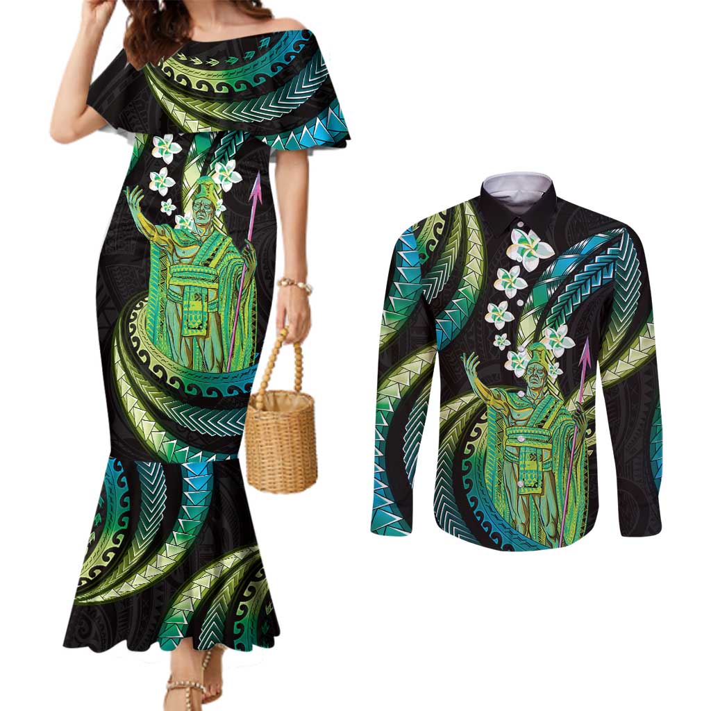 Hawaii King Kamehameha Couples Matching Mermaid Dress and Long Sleeve Button Shirt Fantastic Plumeria Chartreuse Cyan