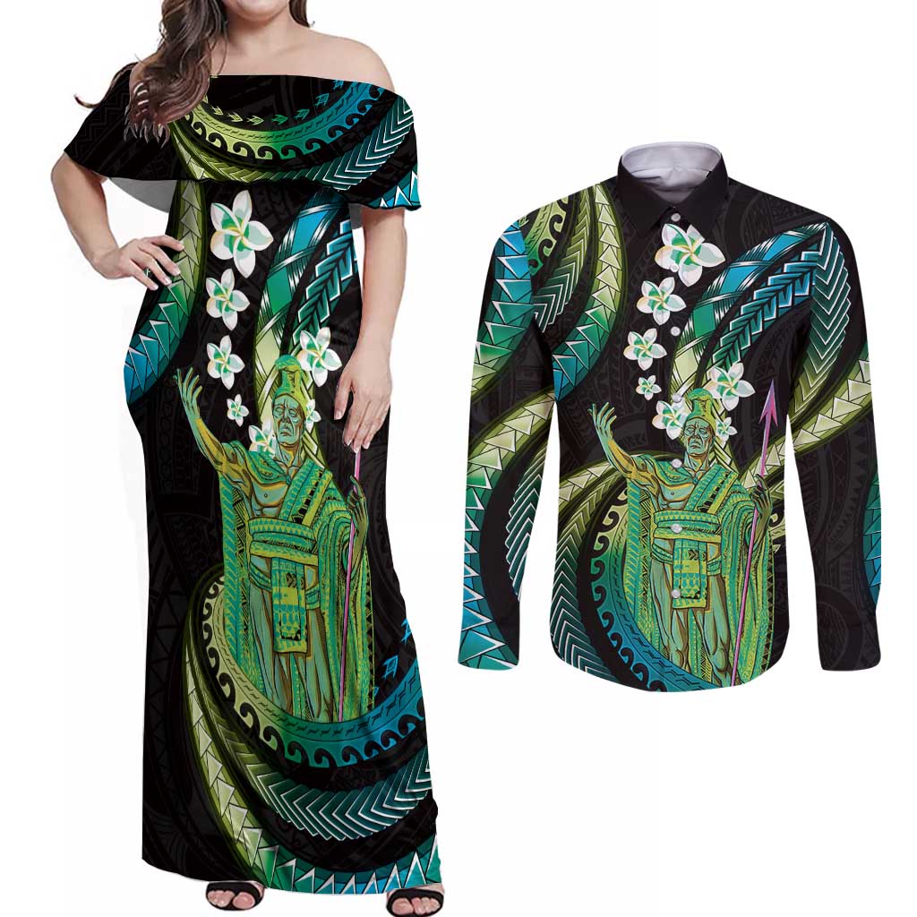 Hawaii King Kamehameha Couples Matching Off Shoulder Maxi Dress and Long Sleeve Button Shirt Fantastic Plumeria Chartreuse Cyan LT01 Cyan - Polynesian Pride