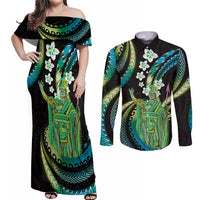 Hawaii King Kamehameha Couples Matching Off Shoulder Maxi Dress and Long Sleeve Button Shirt Fantastic Plumeria Chartreuse Cyan LT01 Cyan - Polynesian Pride