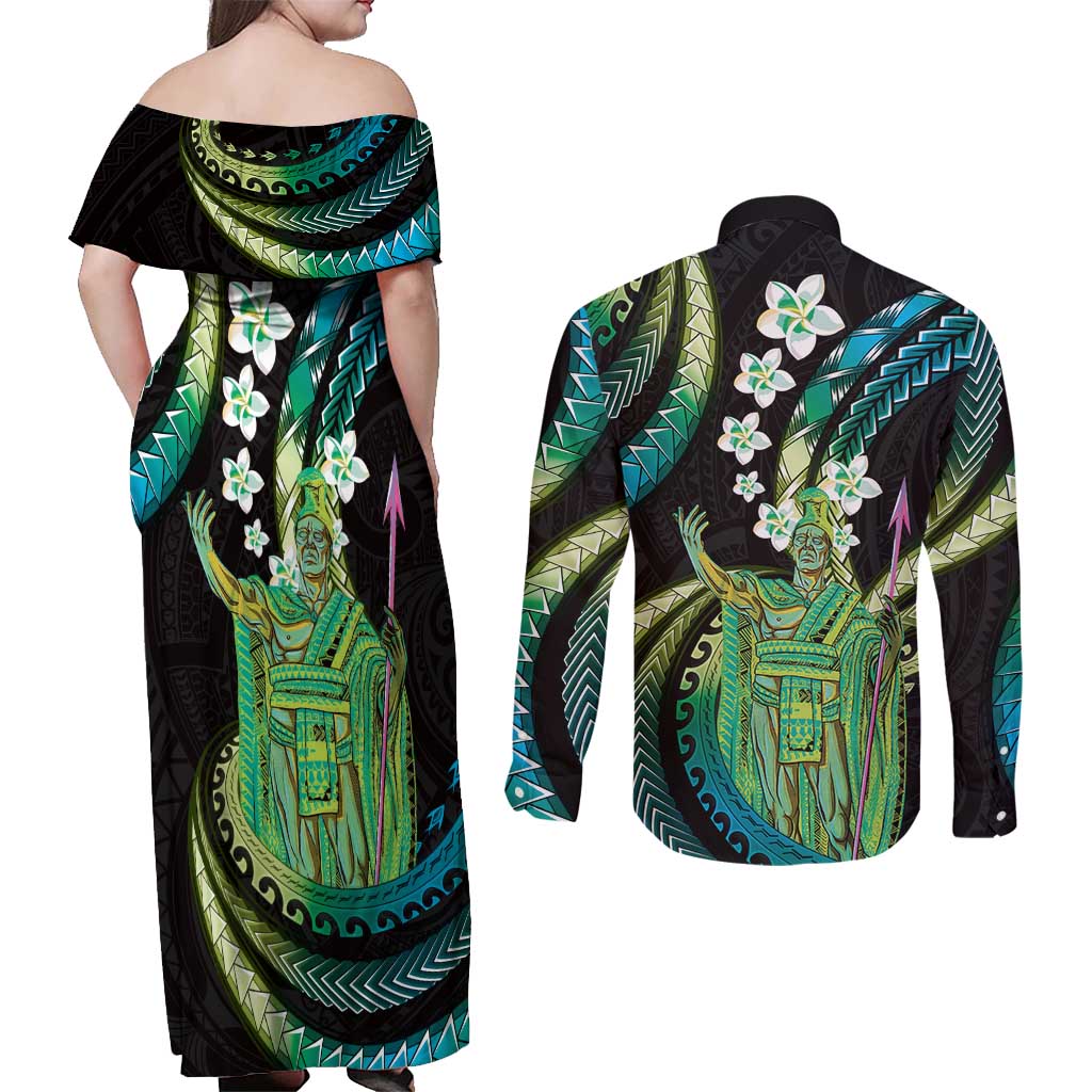 Hawaii King Kamehameha Couples Matching Off Shoulder Maxi Dress and Long Sleeve Button Shirt Fantastic Plumeria Chartreuse Cyan LT01 - Polynesian Pride