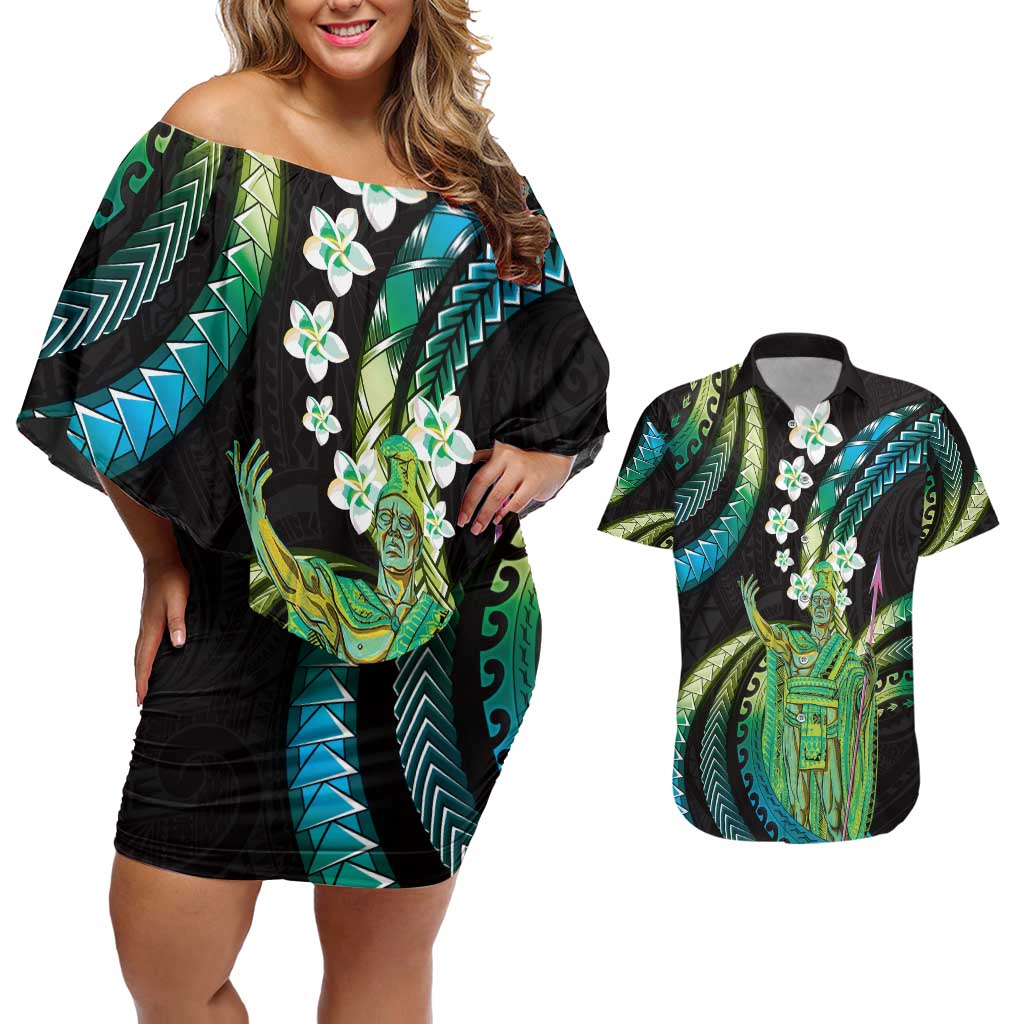 Hawaii King Kamehameha Couples Matching Off Shoulder Short Dress and Hawaiian Shirt Fantastic Plumeria Chartreuse Cyan
