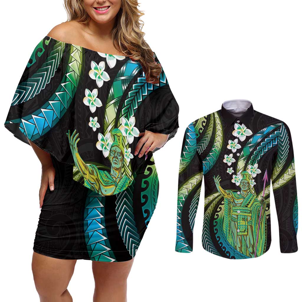 Hawaii King Kamehameha Couples Matching Off Shoulder Short Dress and Long Sleeve Button Shirt Fantastic Plumeria Chartreuse Cyan LT01 Cyan - Polynesian Pride