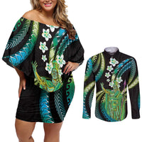 Hawaii King Kamehameha Couples Matching Off Shoulder Short Dress and Long Sleeve Button Shirt Fantastic Plumeria Chartreuse Cyan LT01 Cyan - Polynesian Pride