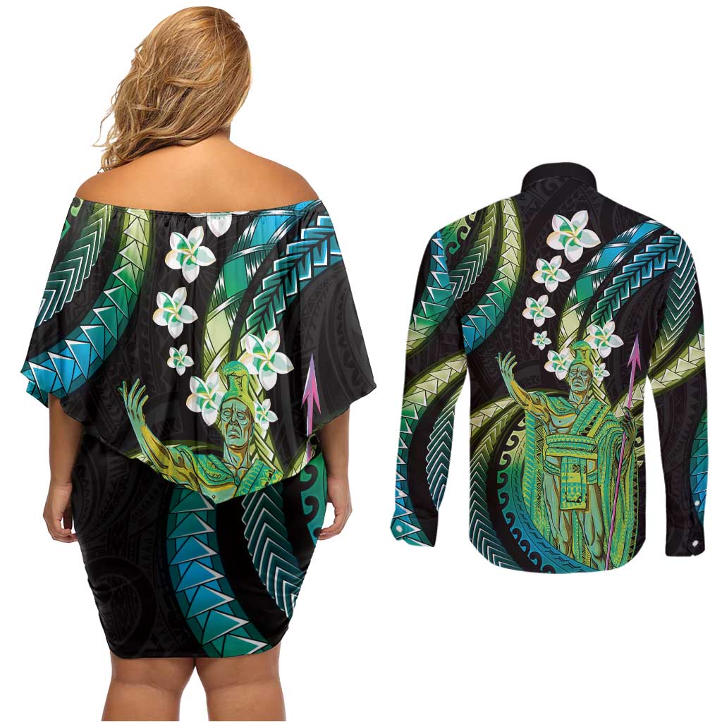 Hawaii King Kamehameha Couples Matching Off Shoulder Short Dress and Long Sleeve Button Shirt Fantastic Plumeria Chartreuse Cyan LT01 - Polynesian Pride