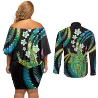 Hawaii King Kamehameha Couples Matching Off Shoulder Short Dress and Long Sleeve Button Shirt Fantastic Plumeria Chartreuse Cyan LT01 - Polynesian Pride