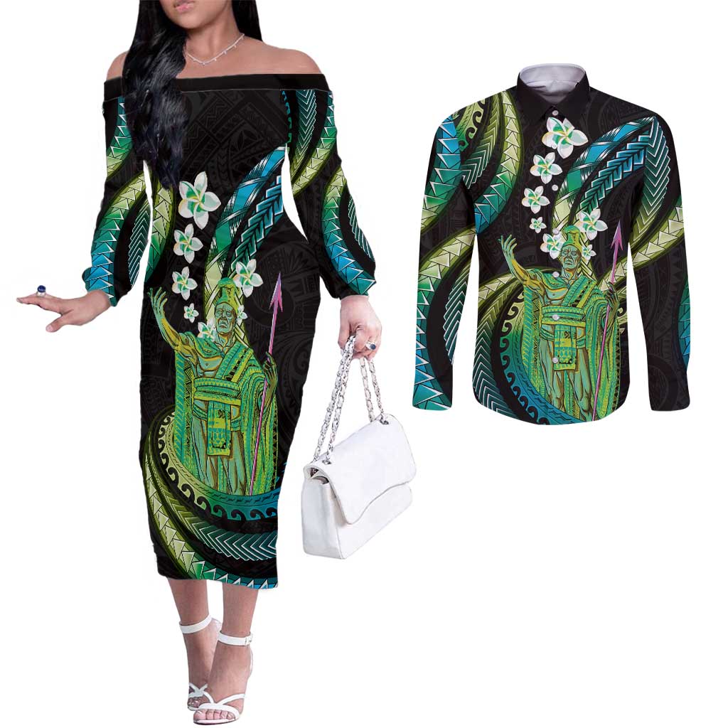 Hawaii King Kamehameha Couples Matching Off The Shoulder Long Sleeve Dress and Long Sleeve Button Shirt Fantastic Plumeria Chartreuse Cyan LT01 Cyan - Polynesian Pride