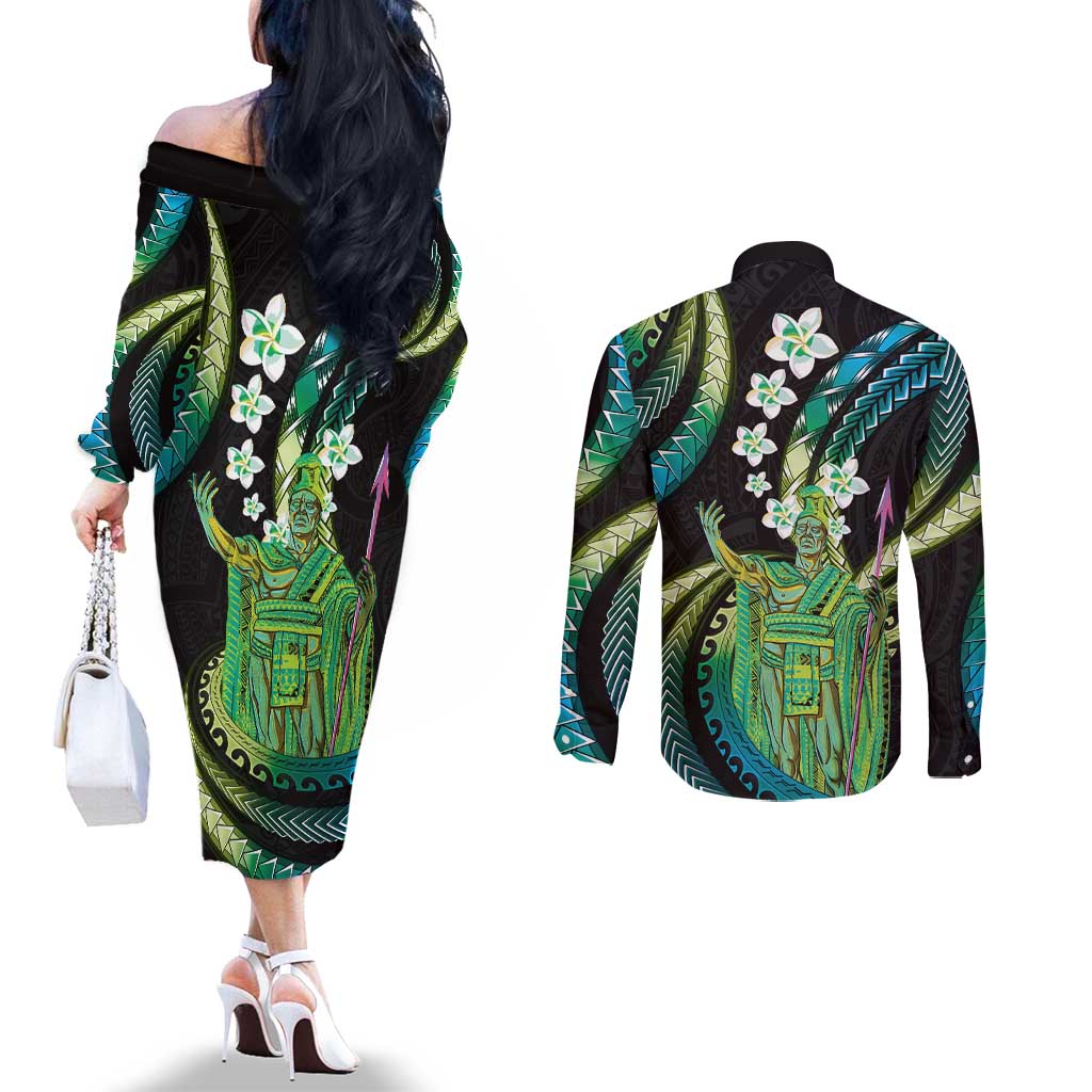 Hawaii King Kamehameha Couples Matching Off The Shoulder Long Sleeve Dress and Long Sleeve Button Shirt Fantastic Plumeria Chartreuse Cyan LT01 - Polynesian Pride