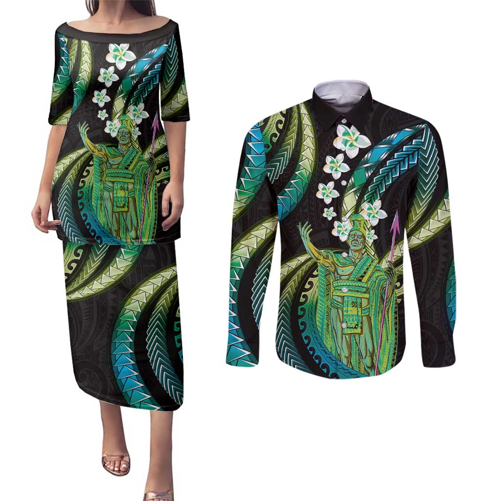 Hawaii King Kamehameha Couples Matching Puletasi and Long Sleeve Button Shirt Fantastic Plumeria Chartreuse Cyan LT01 Cyan - Polynesian Pride