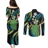 Hawaii King Kamehameha Couples Matching Puletasi and Long Sleeve Button Shirt Fantastic Plumeria Chartreuse Cyan LT01 - Polynesian Pride