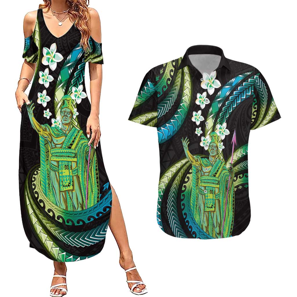 Hawaii King Kamehameha Couples Matching Summer Maxi Dress and Hawaiian Shirt Fantastic Plumeria Chartreuse Cyan LT01 Cyan - Polynesian Pride