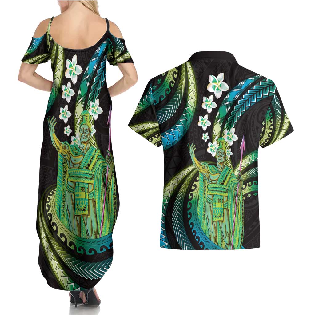 Hawaii King Kamehameha Couples Matching Summer Maxi Dress and Hawaiian Shirt Fantastic Plumeria Chartreuse Cyan LT01 - Polynesian Pride