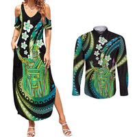 Hawaii King Kamehameha Couples Matching Summer Maxi Dress and Long Sleeve Button Shirt Fantastic Plumeria Chartreuse Cyan LT01 Cyan - Polynesian Pride