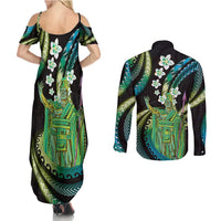 Hawaii King Kamehameha Couples Matching Summer Maxi Dress and Long Sleeve Button Shirt Fantastic Plumeria Chartreuse Cyan LT01 - Polynesian Pride