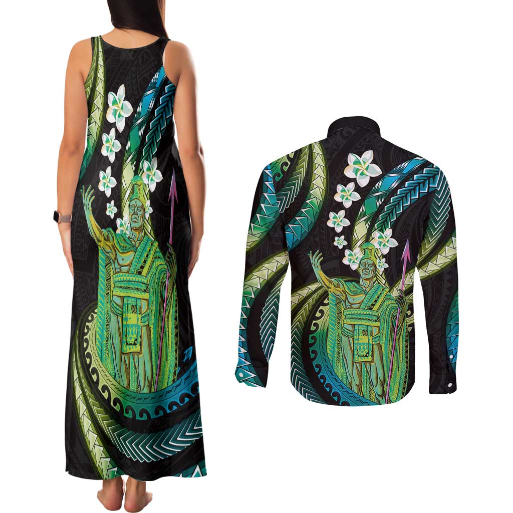 Hawaii King Kamehameha Couples Matching Tank Maxi Dress and Long Sleeve Button Shirt Fantastic Plumeria Chartreuse Cyan LT01 - Polynesian Pride