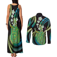 Hawaii King Kamehameha Couples Matching Tank Maxi Dress and Long Sleeve Button Shirt Fantastic Plumeria Chartreuse Cyan LT01 - Polynesian Pride