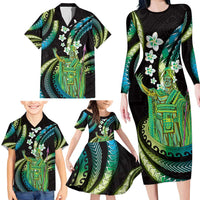 Hawaii King Kamehameha Family Matching Long Sleeve Bodycon Dress and Hawaiian Shirt Fantastic Plumeria Chartreuse Cyan LT01 - Polynesian Pride
