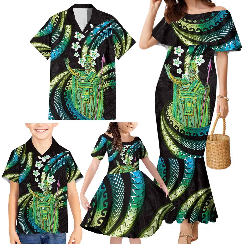 Hawaii King Kamehameha Family Matching Mermaid Dress and Hawaiian Shirt Fantastic Plumeria Chartreuse Cyan LT01 - Polynesian Pride
