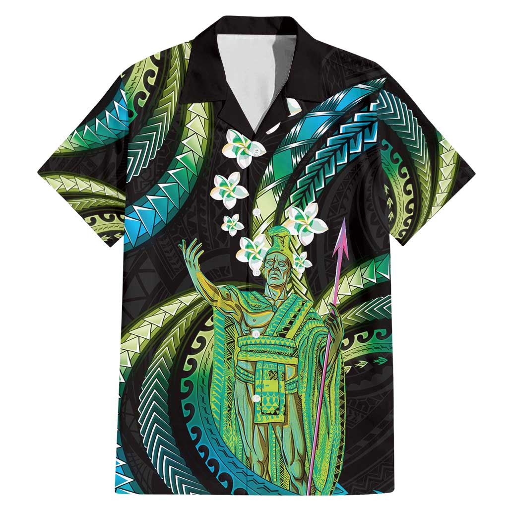 Hawaii King Kamehameha Family Matching Mermaid Dress and Hawaiian Shirt Fantastic Plumeria Chartreuse Cyan LT01 Dad's Shirt - Short Sleeve Cyan - Polynesian Pride