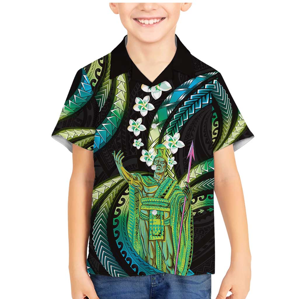 Hawaii King Kamehameha Family Matching Mermaid Dress and Hawaiian Shirt Fantastic Plumeria Chartreuse Cyan LT01 Son's Shirt Cyan - Polynesian Pride