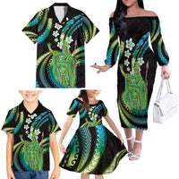 Hawaii King Kamehameha Family Matching Off The Shoulder Long Sleeve Dress and Hawaiian Shirt Fantastic Plumeria Chartreuse Cyan LT01 - Polynesian Pride