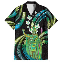 Hawaii King Kamehameha Family Matching Off The Shoulder Long Sleeve Dress and Hawaiian Shirt Fantastic Plumeria Chartreuse Cyan LT01 Dad's Shirt - Short Sleeve Cyan - Polynesian Pride