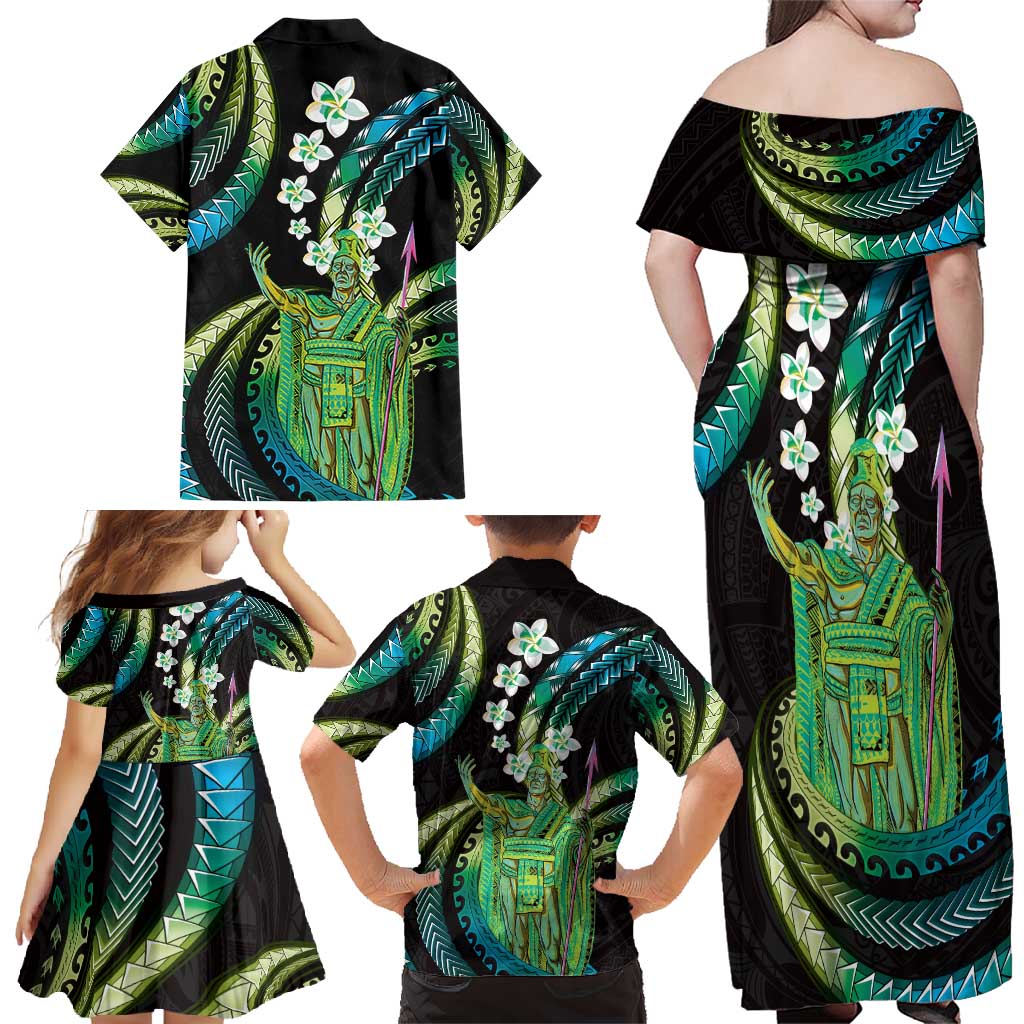 Hawaii King Kamehameha Family Matching Off Shoulder Maxi Dress and Hawaiian Shirt Fantastic Plumeria Chartreuse Cyan LT01 - Polynesian Pride