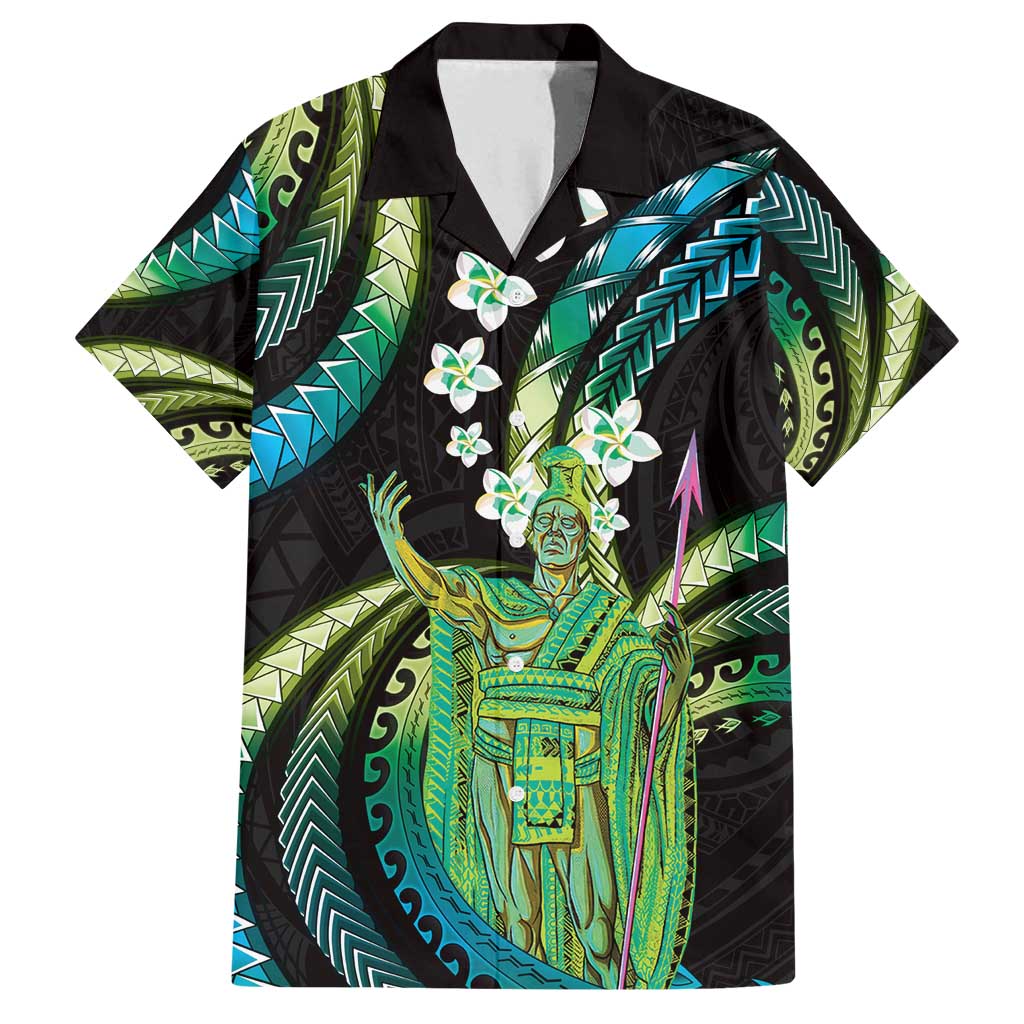 Hawaii King Kamehameha Family Matching Off Shoulder Maxi Dress and Hawaiian Shirt Fantastic Plumeria Chartreuse Cyan LT01 Dad's Shirt - Short Sleeve Cyan - Polynesian Pride
