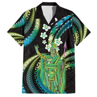 Hawaii King Kamehameha Family Matching Off Shoulder Maxi Dress and Hawaiian Shirt Fantastic Plumeria Chartreuse Cyan LT01 Dad's Shirt - Short Sleeve Cyan - Polynesian Pride