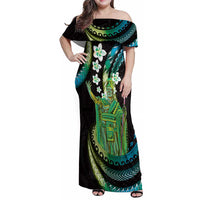 Hawaii King Kamehameha Family Matching Off Shoulder Maxi Dress and Hawaiian Shirt Fantastic Plumeria Chartreuse Cyan LT01 Mom's Dress Cyan - Polynesian Pride