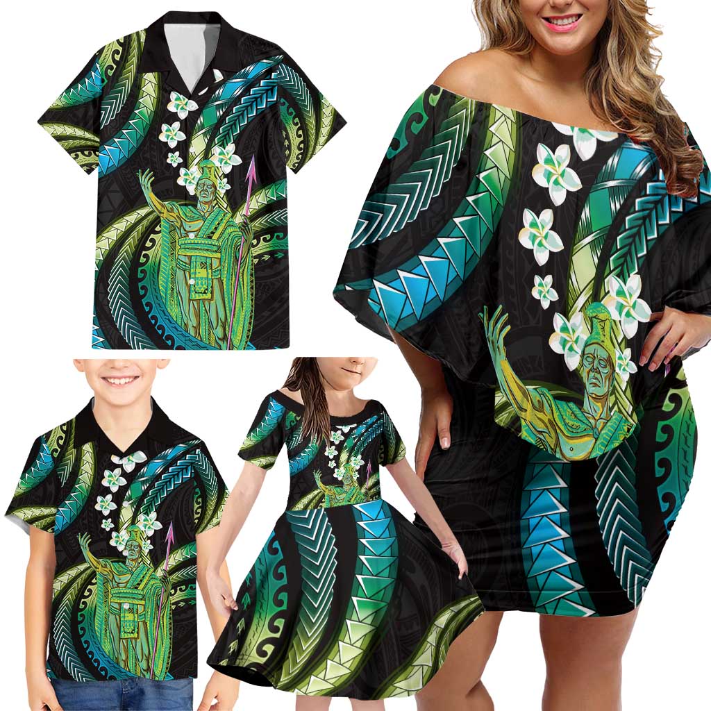 Hawaii King Kamehameha Family Matching Off Shoulder Short Dress and Hawaiian Shirt Fantastic Plumeria Chartreuse Cyan