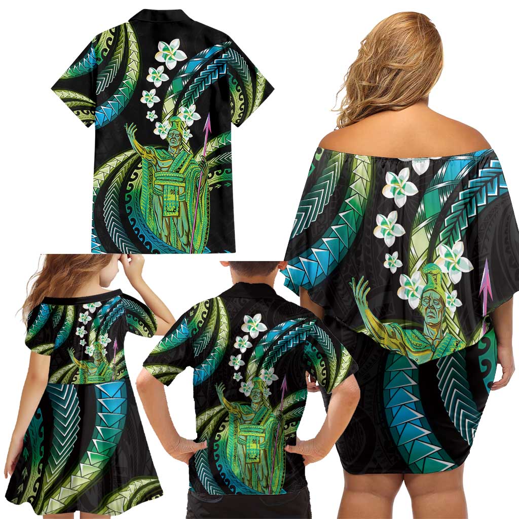 Hawaii King Kamehameha Family Matching Off Shoulder Short Dress and Hawaiian Shirt Fantastic Plumeria Chartreuse Cyan LT01 - Polynesian Pride